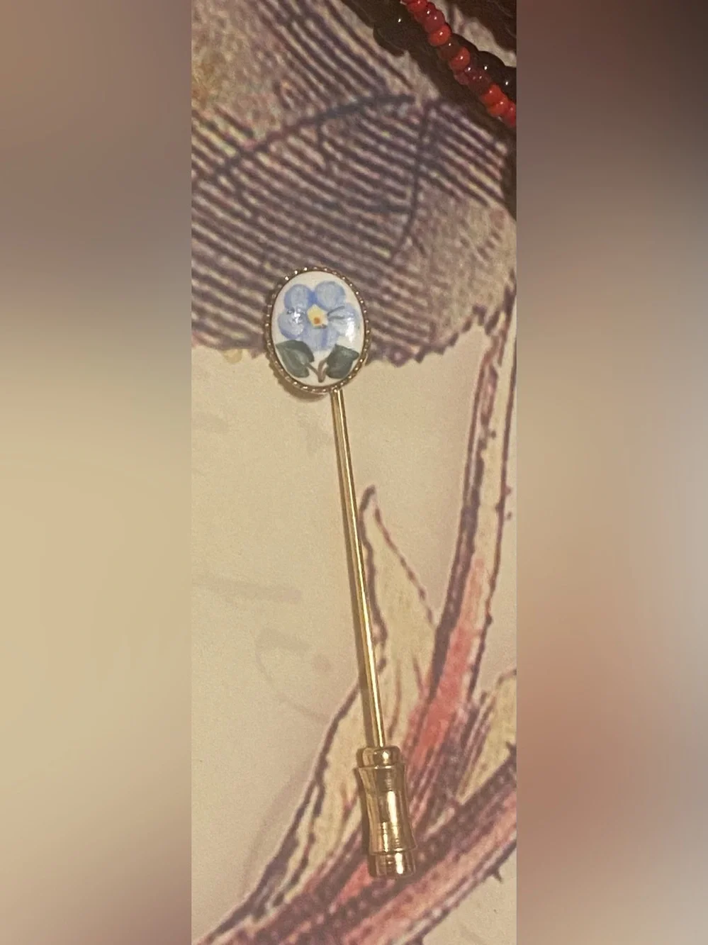 Vintage Porcelain Floral Stick Pin Set • Rose Heart & Forget-Me-Not Gold Tone